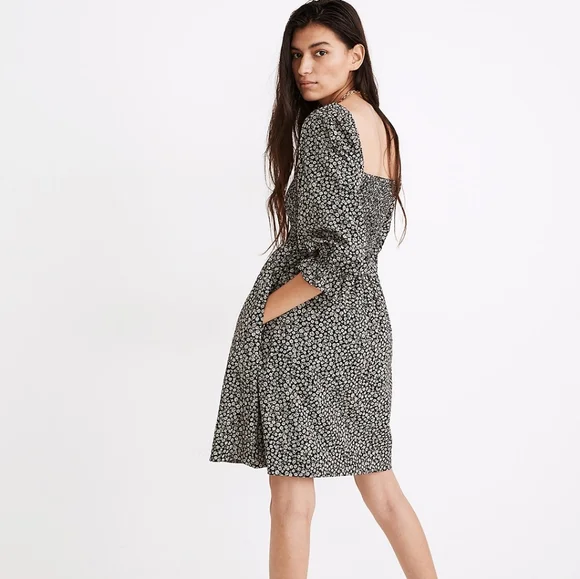 Lucie Elbow-Sleeve Smocked Mini Dress in Parisian Ditsy XXS